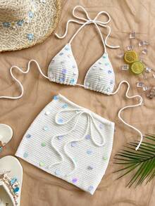 Soleia Conjunto de 2 piezas de top corto de punto con escote halter con lentejuelas y minifalda de punto para vacaciones de mujer - Blanco - Ver 3