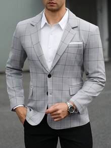 Manfinity Mode Men's Business Commute Plaid Suit Jacket - Grey - View 5