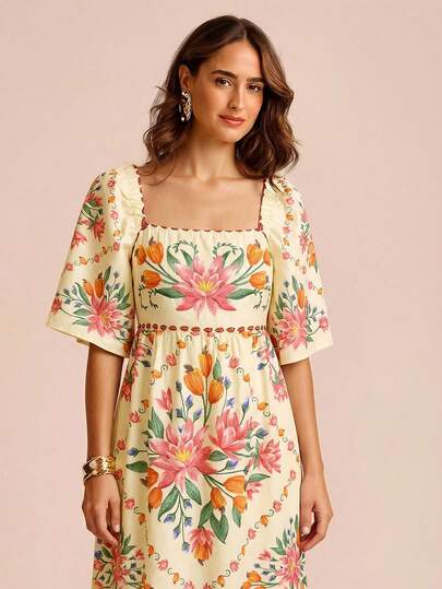 CAJUNI Women's Floral Pattern Square Neck Short Sleeve Fashion Dress