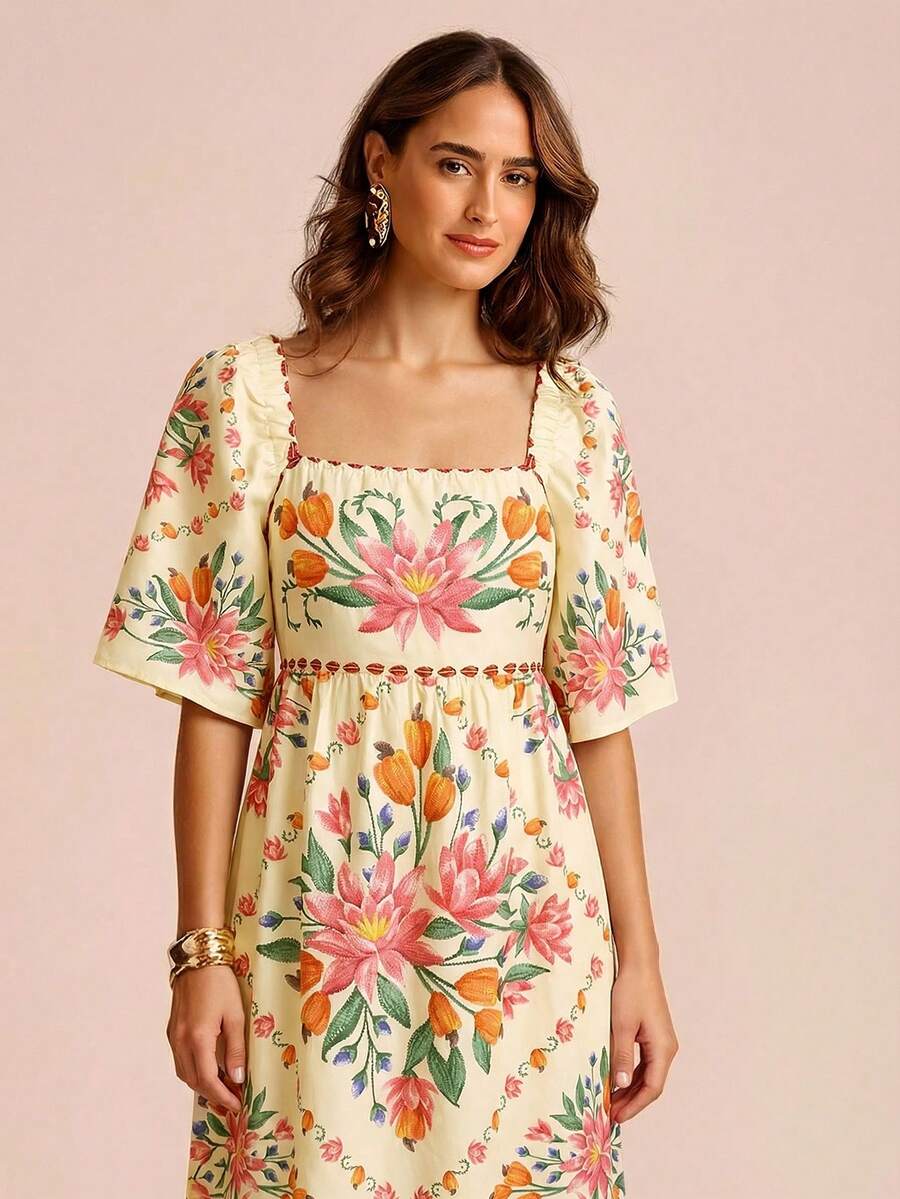 CAJUNI 女士碎花方领短袖时尚连衣裙 - 黃色 - 查看 1