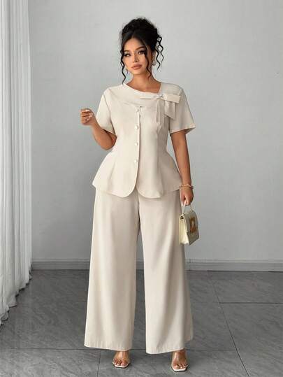 Elenzga Plus Size Women's Elegant Commuter Asymmetric Collar Bow Decor Short Sleeve Cinched Waist Cardigan And High Waist Long Straight Leg Casual Suit Set