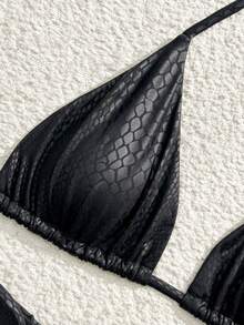 Swim SXY 2件套性感黑色动物纹细肩带露背三角比基尼泳衣，适合春夏海滩穿着 - 黑色 - 查看 8