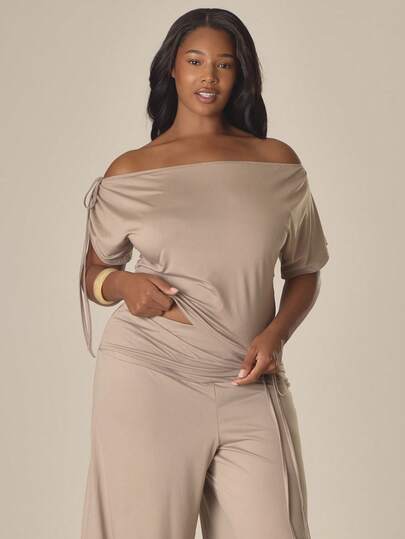 MUSERA Plus Size Off The Shoulder Drape Tie Sleeve Cinched Top Spring Summer Cute Cosy Cottage Core Spring Dew