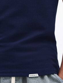 SUMWON Áo thun nam cotton gân màu xanh hải quân, tay ngắn, cổ tròn, dáng regular fit, thích hợp mặc hàng ngày, kiểu dáng cổ điển, cơ bản cho mùa hè và mùa xuân. - Màu xanh hải quân - Xem 5