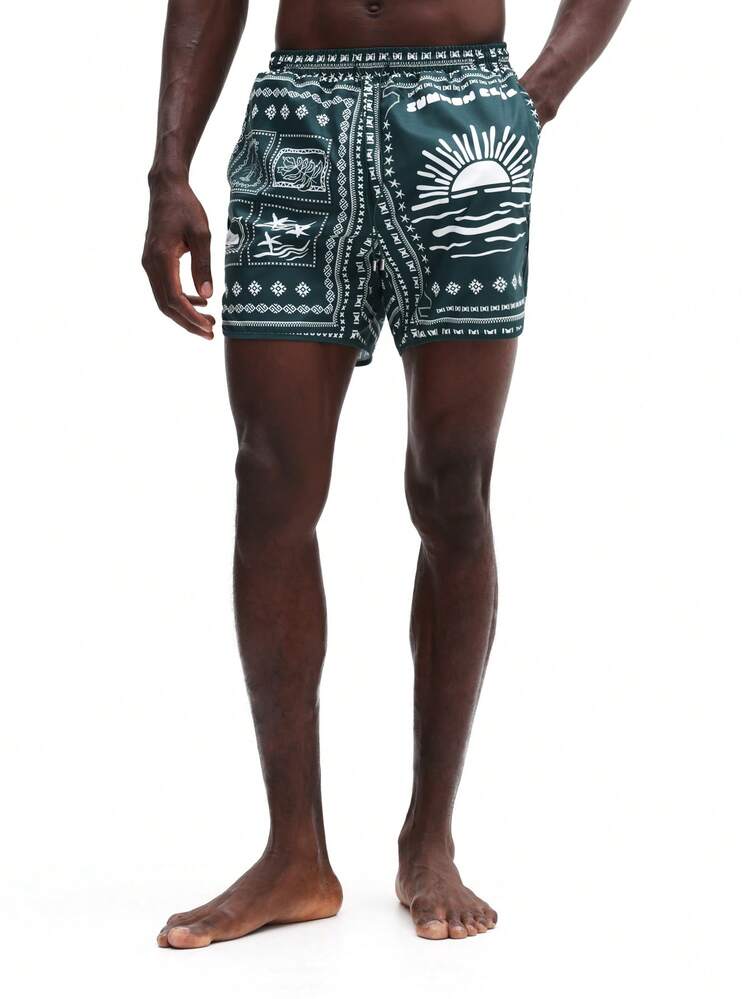 Pantaloncini da spiaggia con stampa bandana e motivo tramonto