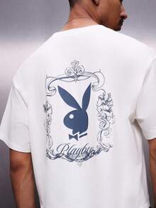 PLAYBOY X SUMWON 男士兔子图案印花短袖圆领纯棉T恤，休闲街头风夏季时尚，常规版型 - 白色 - 查看 4