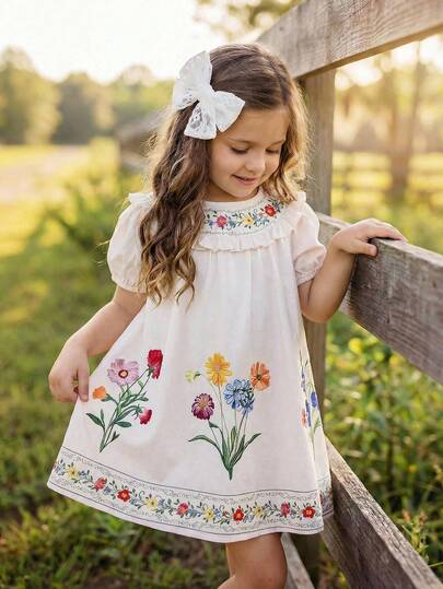 SHEIN Young Girls/Babygirl Summer Cute Floral Print Loose Short Sleeve Vacation DressYoung Girls/Babygirl Smocked Dress Spring Infant Dresses Young Girls/Babygirl Vintage Dress Young Girls/Babygirl Spring And Autumn Dress Girls' Embroidered Floral Ruffle Neck Puff Sleeve Babydoll Dress For Summer Young Girl Ditsy Floral Ruffle Hem Casual Dress,فستان ابيض,White Dress, فستان,تنوره,ملابس,فساتين بنات,ملابس اطفال,Long Sleeve Dress,Suitable For Everyday Life, Parties, Birthdays, And Gatherings.,Vacation