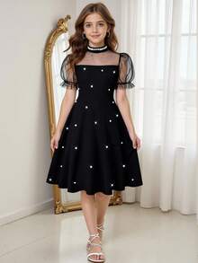 优雅奢华黑色网纱串珠连衣裙，适合晚宴、婚礼、花童、舞会及其他场合。 - 黑色 - 查看 9