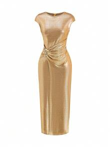 SHEIN Clasi 女士圆领金属装饰褶皱开衩优雅腰身连衣裙，适合派对穿着 - 金色 - 查看 7