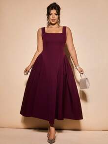 Cravure Plus Size Women's Solid Color Flared Square Neck Sleeveless Elegant Dress - Burgundy - View 8