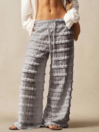 Bohemela Women's Solid Color Knit Lace High Waist Straight Leg Pants, Casual Beach Vacation