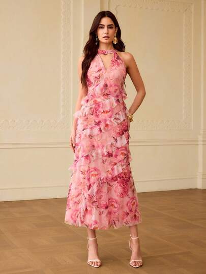 ZEYLAH Vestido estampado fluido con volantes en el bajo, estilo vacacional para primavera/verano