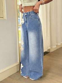 Breezaya Jeans droits décontractés et amples pour femmes avec patchs décoratifs - Bleu azur - Voir 4