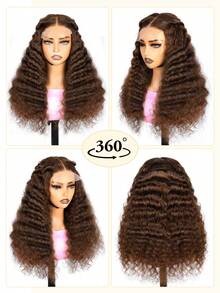 巧克力棕色深波浪卷发真人发假发，4x4蕾丝闭合假发，180%密度，巴西深卷透明蕾丝前额假发，真人发，预先拔毛，带婴儿发，无需胶水，女士假发 - S4 - 查看 7