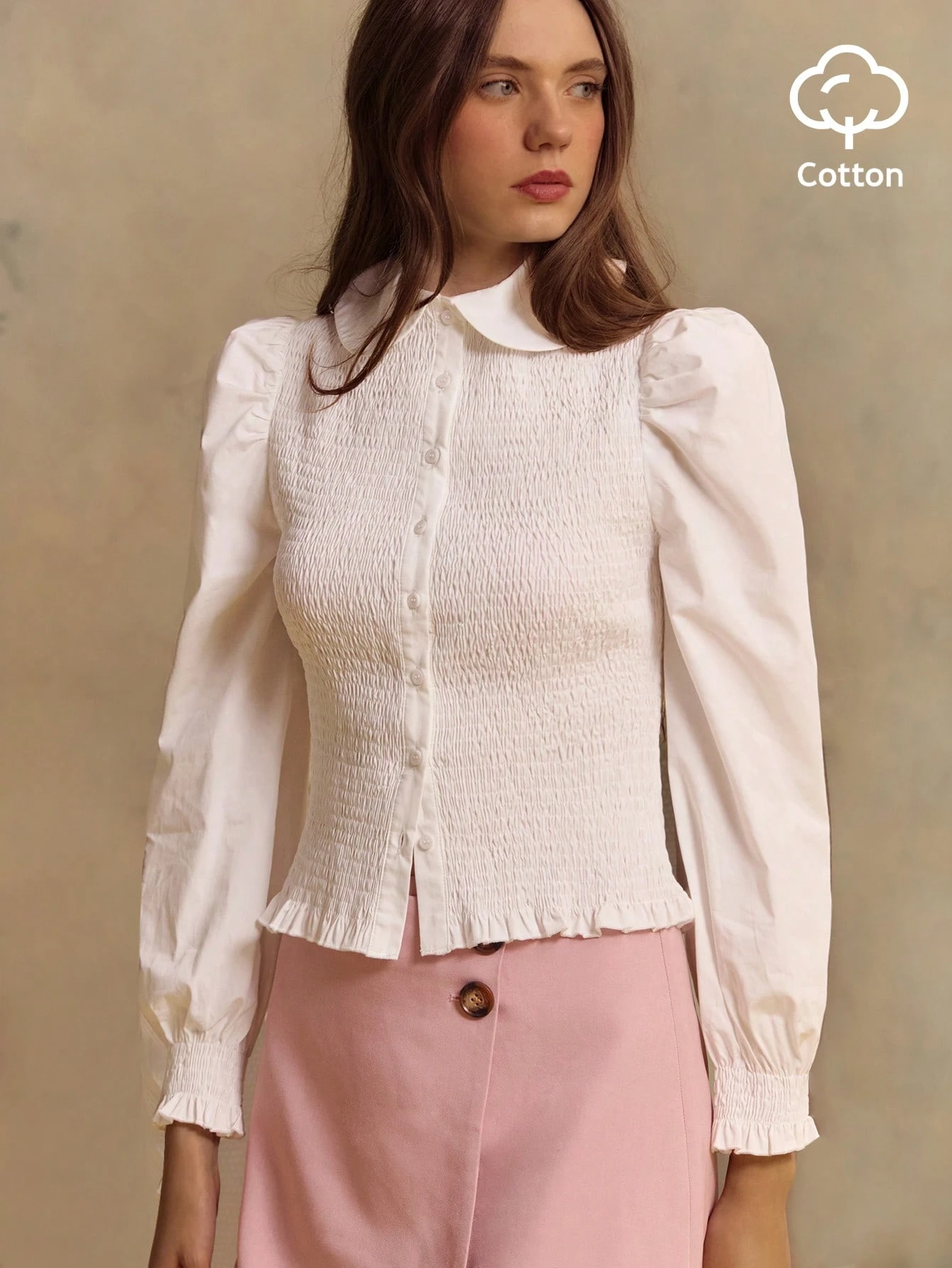White Woven Long Sleeve Shirt With Round Collar And Shirred Bodice Officewear Commuter Chic French Style Parisian Style