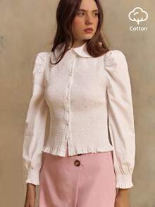 lacRébo White Woven Long Sleeve Shirt With Round Collar And Shirred Bodice Officewear Commuter Chic French Style Parisian Style - White - View 1