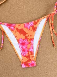 Swim Vcay 2026 Spring/Summer Spaghetti Strap Orange Floral Halter Side High Cut Tie-Side Bikini Two Pieces Swimwear, Vacation Style - Multicolor - View 3