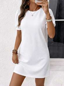 SHEIN Vestido corto casual de verano con mangas abullonadas de unicolor - Blanco - Ver 6