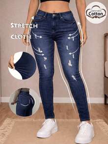 Jeans skinny tiro alto mezclilla stretch rasgado ajustado casual urbano mujer - Azul - Ver 1