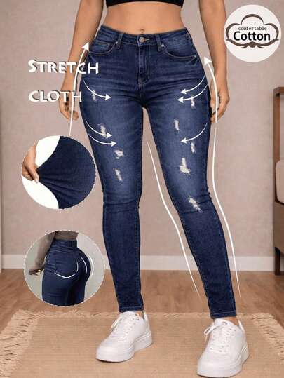 Jeans skinny tiro alto mezclilla stretch rasgado ajustado casual urbano mujer