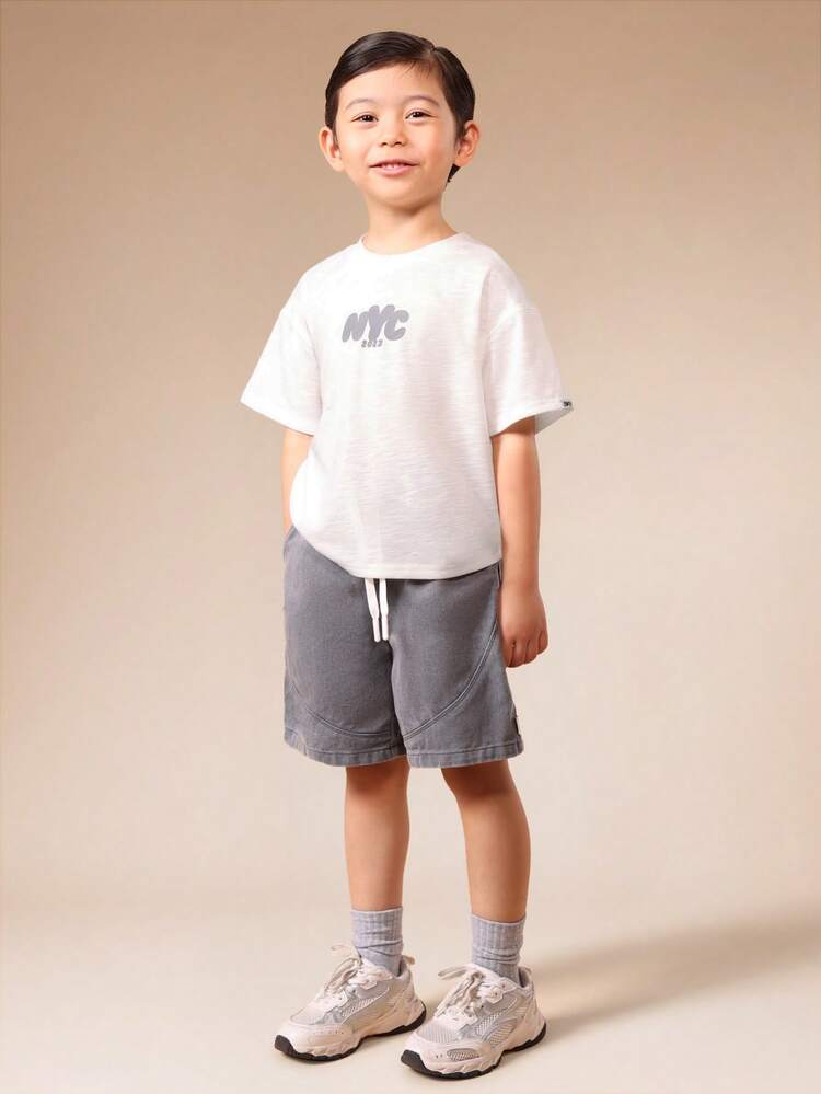Boys Summer Washed T-Shirt And Shorts Co-Ord Set With NYC Print Casual Two Piece Outfit