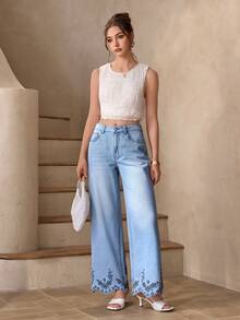 Selenza Women's Casual Everyday Denim Jeans With Pockets And Floral Embroidery Design - Blue - View 6