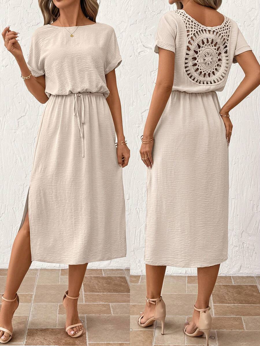 SHEIN Clasi 女士休闲舒适春夏中长连衣裙，优雅度假装 - 杏色 - 查看 1