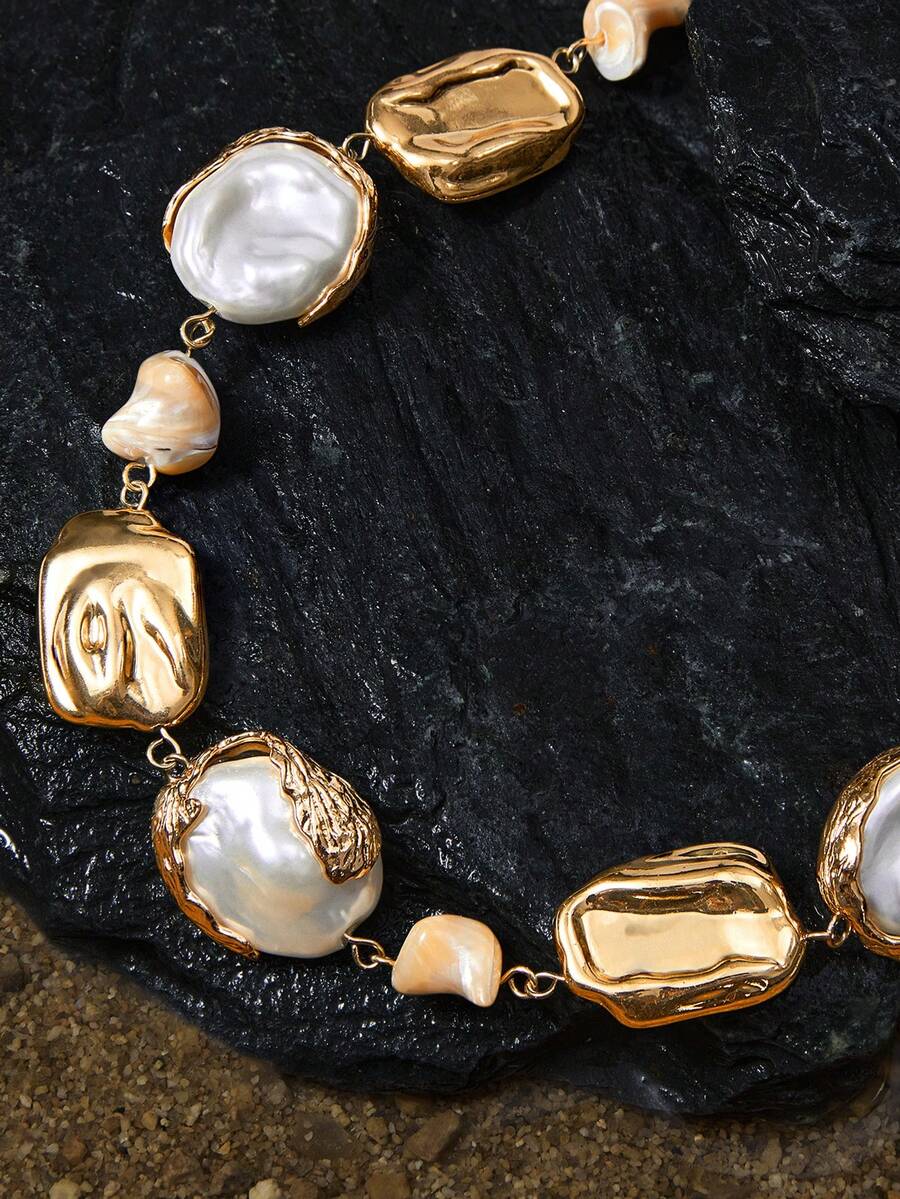 Opalesca 1pc Elegant & Versatile Natural Mother Of Pearl & Baroque Pearl Necklace, Fashion European & American Style - Multicolor - View 1