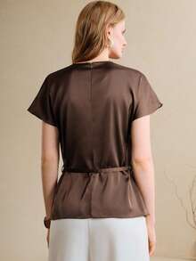 Revavyn Revavyn Áo sơ mi nữ Tencel dáng chữ H cổ tròn tay cánh dơi xếp ly thắt eo kiểu dáng thường ngày/công sở - màu nâu - Xem 5