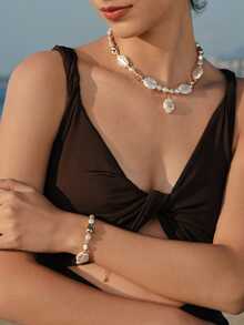 Opalesca A European And American Fashion Baroque Natural Special-Shaped Freshwater Pearl Bracelet Necklace Female French Retro Sense Personalized Fashion Collarbone Chain Bracelet Necklace - Multicolor - View 7