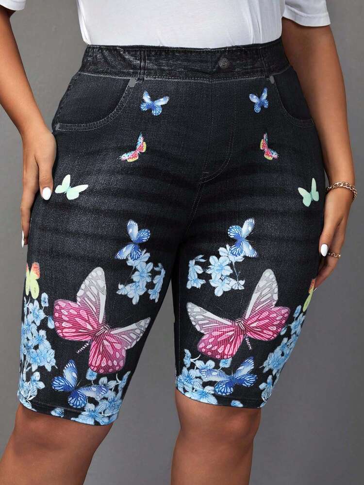 Plus Size Women Butterfly Print Casual Short Leggings