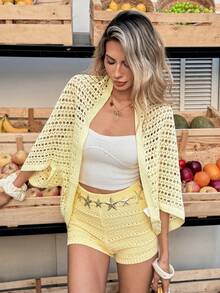 Selianne 休闲度假风春夏新款镂空针织开衫，百搭女士轻薄开襟毛衣 - 黃色 - 查看 7