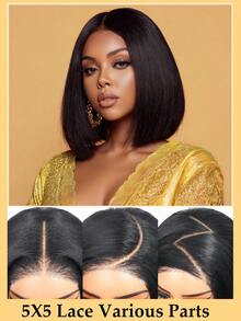 Yaki 直发短波波头假发，真人发，5x5，预处理，无胶假发，蕾丝前假发，真人发，预拔毛发际线，即戴即用，预剪裁，无胶真人发假发，180% 密度 - Natural Black - 查看 9