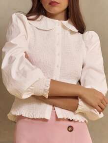 lacRébo White Woven Long Sleeve Shirt With Round Collar And Shirred Bodice Officewear Commuter Chic French Style Parisian Style - White - View 7
