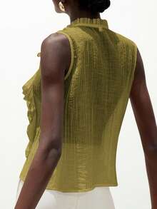 Aveloria Modichic Elegant Romantic Versatile French Style Sleeveless Shirt For Women, White Textured Crinkle Sheer Multi-Layer Ruffle Collar Design - Olive Green - View 2