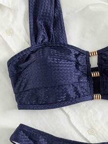 Swim Chiccia Ensemble de maillot de bain élégant et digne de la dernière mode pour femmes, avec décoration métallique, pantalon minimaliste sexy à larges bretelles ajourées, convenant pour les vacances à la plage au printemps, en été et en automne. Ensemble de maillot de bain deux pièces pour femmes, bikinis deux pièces pour femmes - Bleu marine - Voir 5