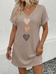 EMERY ROSE Heart Print Short Sleeve Casual Summer Dress - Khaki - View 4