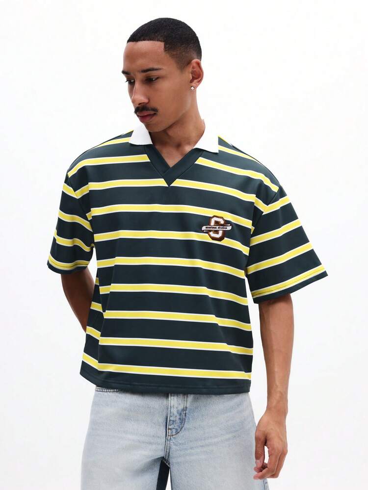 Męska koszulka polo w paski poziome, dekolt w serek, krótki rękaw, swobodny letni top z logo