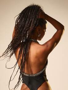 MISSGUIDED Women's Embellished Halter Neck Plunge One Piece Swimsuit With Rhinestone Detailing And High Cut Legs For Summer Beach Vacation - Black - View 3