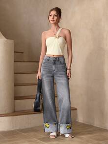 Selenza 女士带口袋阔腿宽松休闲百搭牛仔裤 - 灰色 - 查看 5