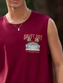 Open Phase Coastal | 男士轻薄夏季度假棕榈树字母印花圆领休闲背心 - 酒紅色 - 查看 6