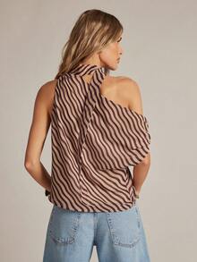 Hauture Women's Off Shoulder Office Wear Diagonal Stripe Blouse - Multicolor - View 2