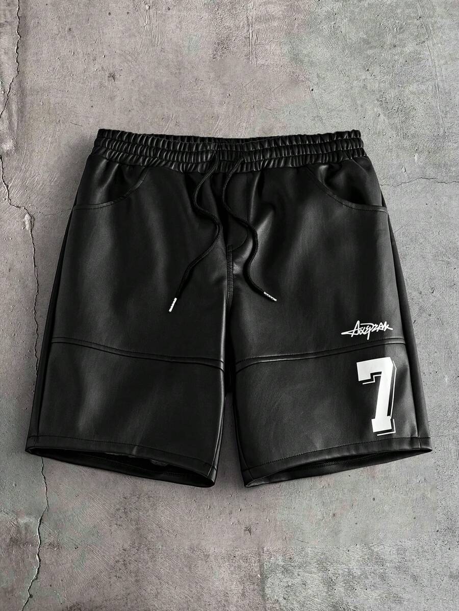 AXEPEAK Men's Casual Numeric Print Drawstring Waist Shorts, Summer - Black - View 1