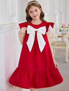 SHEIN Tween Girl White Contrast Bow Tie Cap Sleeve A-Line Casual Red Dress - Red - View 7