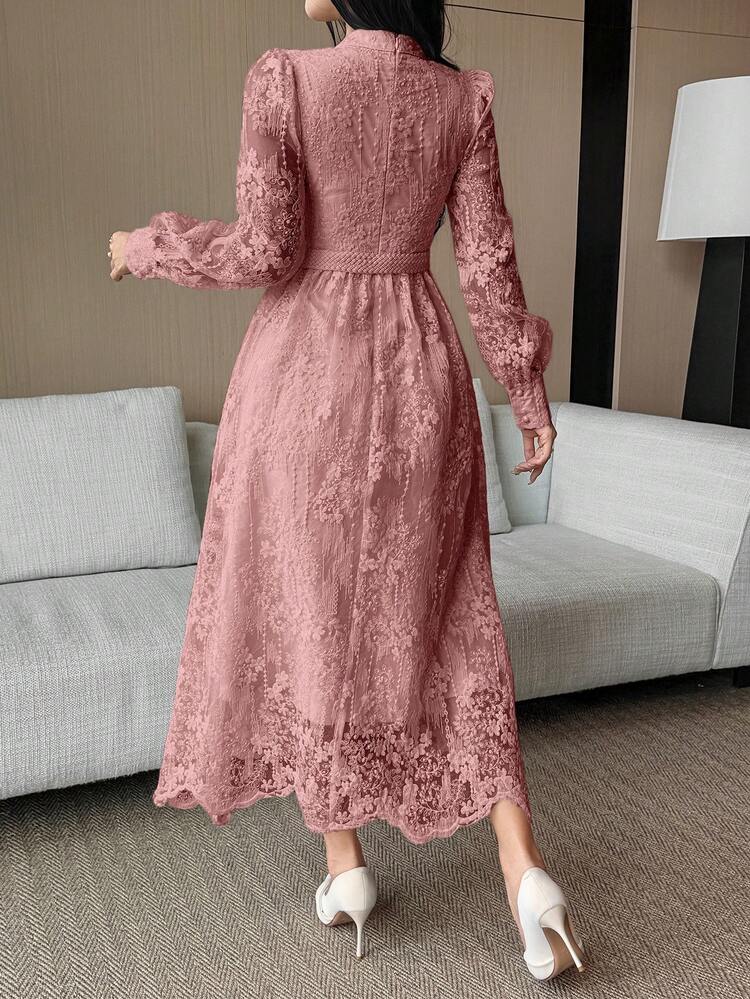 Women's Elegant Lace Collar Belted Mid-Length Dress, Spring/Summer Sundress
