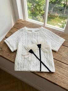 SHEIN Young Girl' Fashion Casual Lace Fabric 3D Floral Decor Round Neck Short Sleeve T-Shirt,Kids - White - View 6