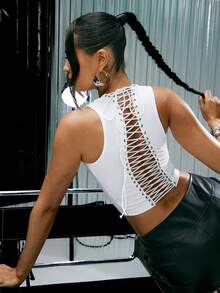 Scoop Neck Lace Up Back Sleeveless Top Sexy Top Concert Fashionable Streetwear - White - View 1