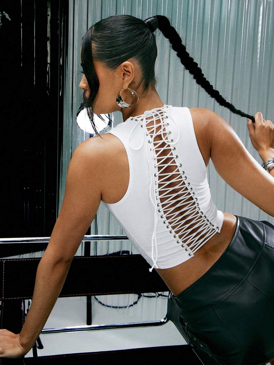 Scoop Neck Lace Up Back Sleeveless Top Sexy Top Concert Fashionable Streetwear - White - View 1