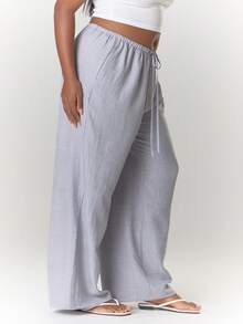 MUSERA Quần ống rộng cạp trung bình cỡ lớn có dây rút, phong cách boho, thích hợp cho kỳ nghỉ hè, đi biển, gợi cảm, dễ thương, thanh lịch, phù hợp cho dịp Giáng sinh. - Xám - Xem 3