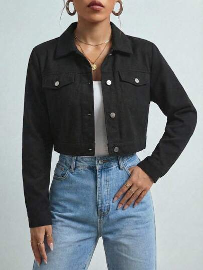 Chamarra ligera de gamuza para mujer, corte corto casual, bolsillos frontales, cierre con botones automáticos, suave al tacto, ideal outfit diario estilo moderno para outfits urbanos